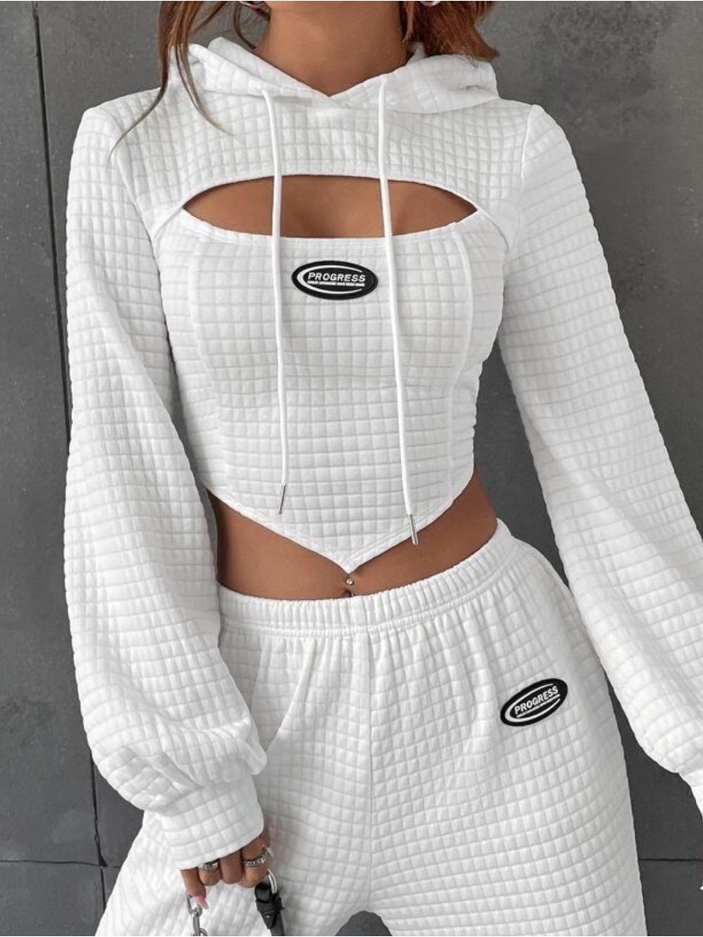 Progress White Quilted Cutout Hoodie and pant set